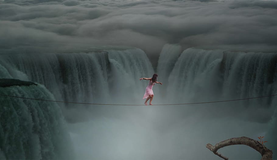 photograph, woman, cross, rope, waterfalls, waters, movement, river, action, human