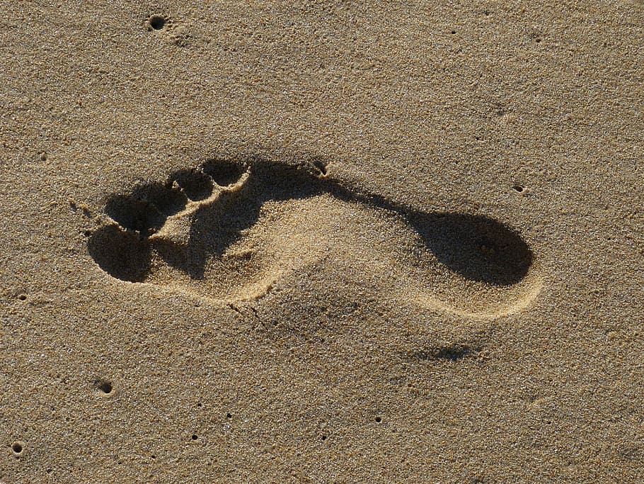 footprint, sand, beach, trace, tracks in the sand, footprints in the sand, sand beach, foot, ten, barefoot