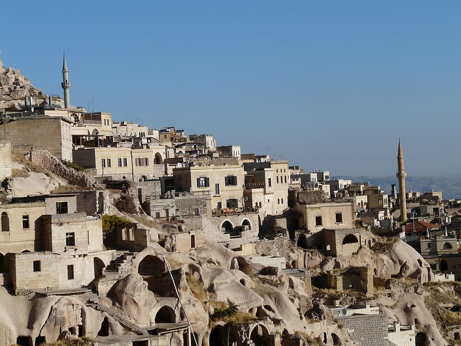 Alminar, minaretes, uchisar, viviendas de piedra toba, Capadocia, Nevşehir, Turquía, apartamentos de roca, Castle Rock, apartamentos