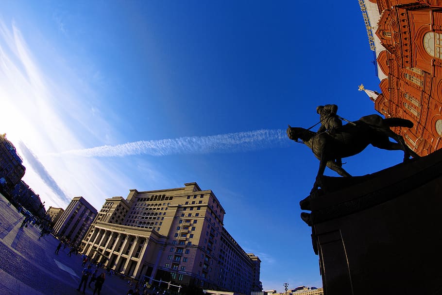 marshal zhukov, the kremlin, hotel, building exterior, architecture, built structure, sky, blue, sculpture, statue