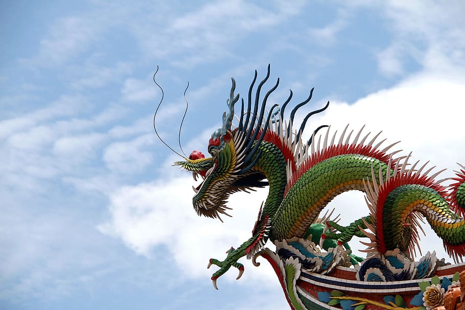 bajo, foto de ángulo, decoración de dragón asiático, largo, color, cielo, apellido, China, Si, 廟