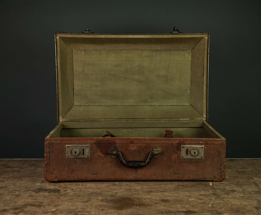 opened, brown, wooden, luggage, surface, briefcase, vintage, oldschool, wood - Material, trunk - Furniture