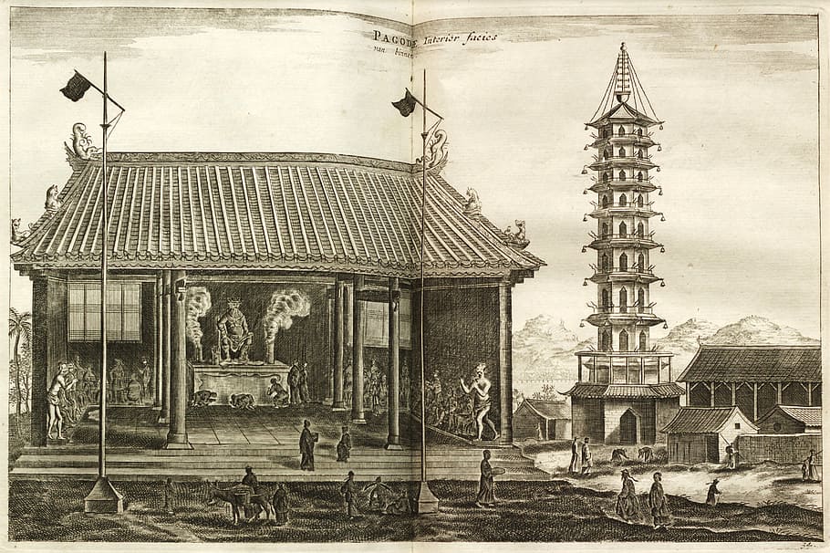 Pagoda, Burning, Old Book, 1693, burning old book, old temple, followers, dragon, tower, statues