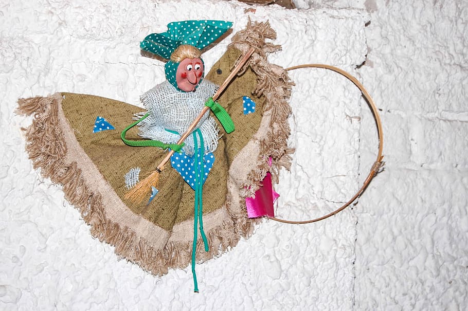 used doll toy, witch, grandma, broom, souvenir, statuette, art, folk art, craft, symbol