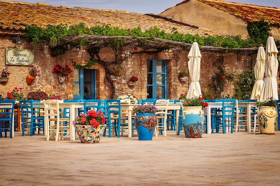 arranjos de mesa, fora, marrom, construção de tijolos, restaurante, taberna, Sicília, Marzamemi, sul, típico do país