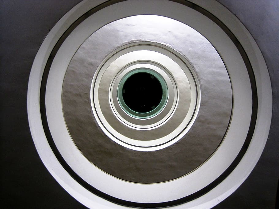circular, repeat, round, concentric, stairwell, white, light and shadow, building, architecture, indoors