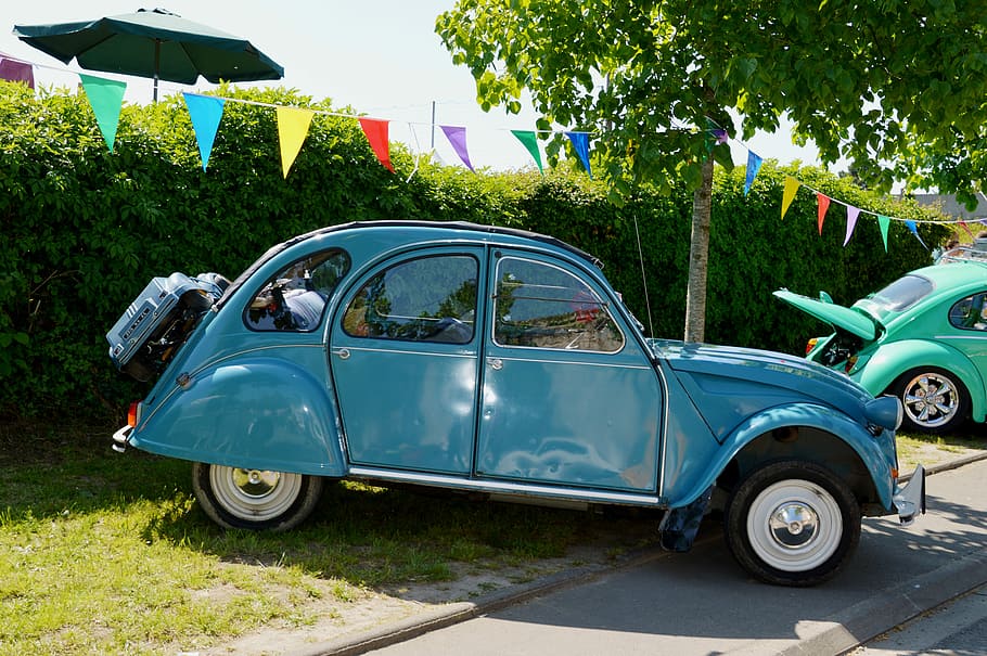 blue, volkswagen beetle coupe, parked, tree, daytime, citroën, car, vehicle, former, retro
