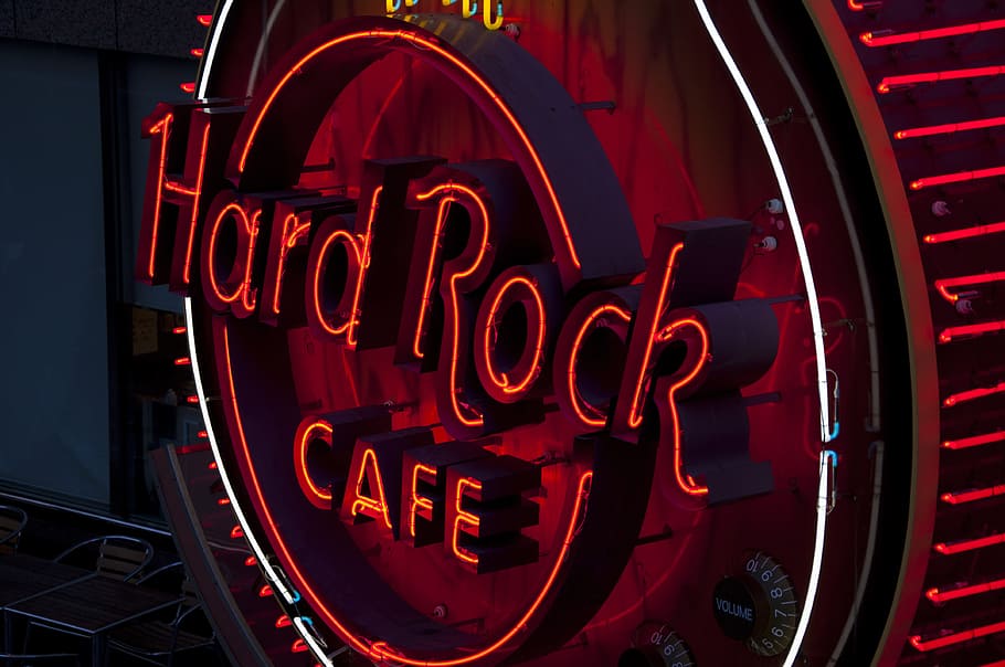 hard rock, hard rock cafe, rock, music, restaurant, bar, guitar, teaches, advertising, sign