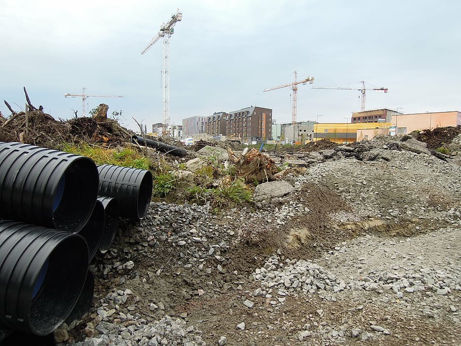 construction site, tubes, tube, sand, crane, block of flats, finnish, sky, construction industry, development