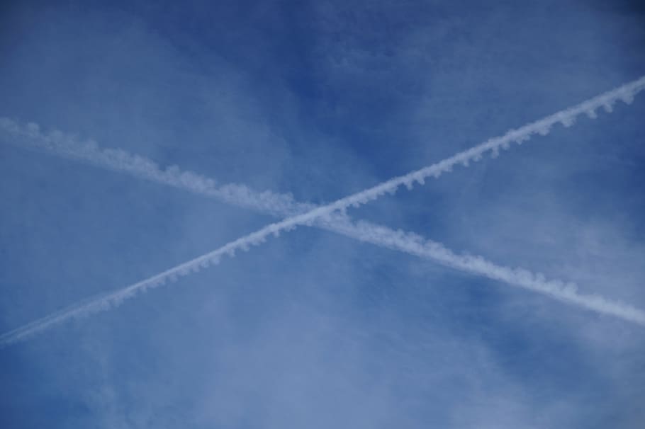 contrail, sky, cross, aircraft, traces, clouds, vapor trail, cloud - sky, blue, flying