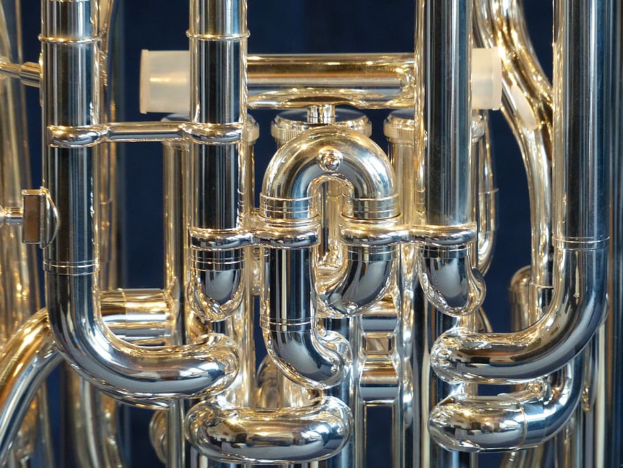 silver-colored pipes, Euphonium, Brass Instrument, instrument, sheet, music, musical instrument, bugle, shine, rays