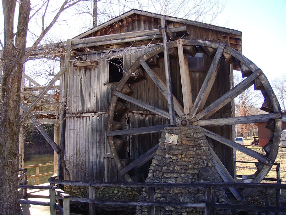water wheel, water, old wood, river, flow, mountainside, creek, architecture, built structure, day