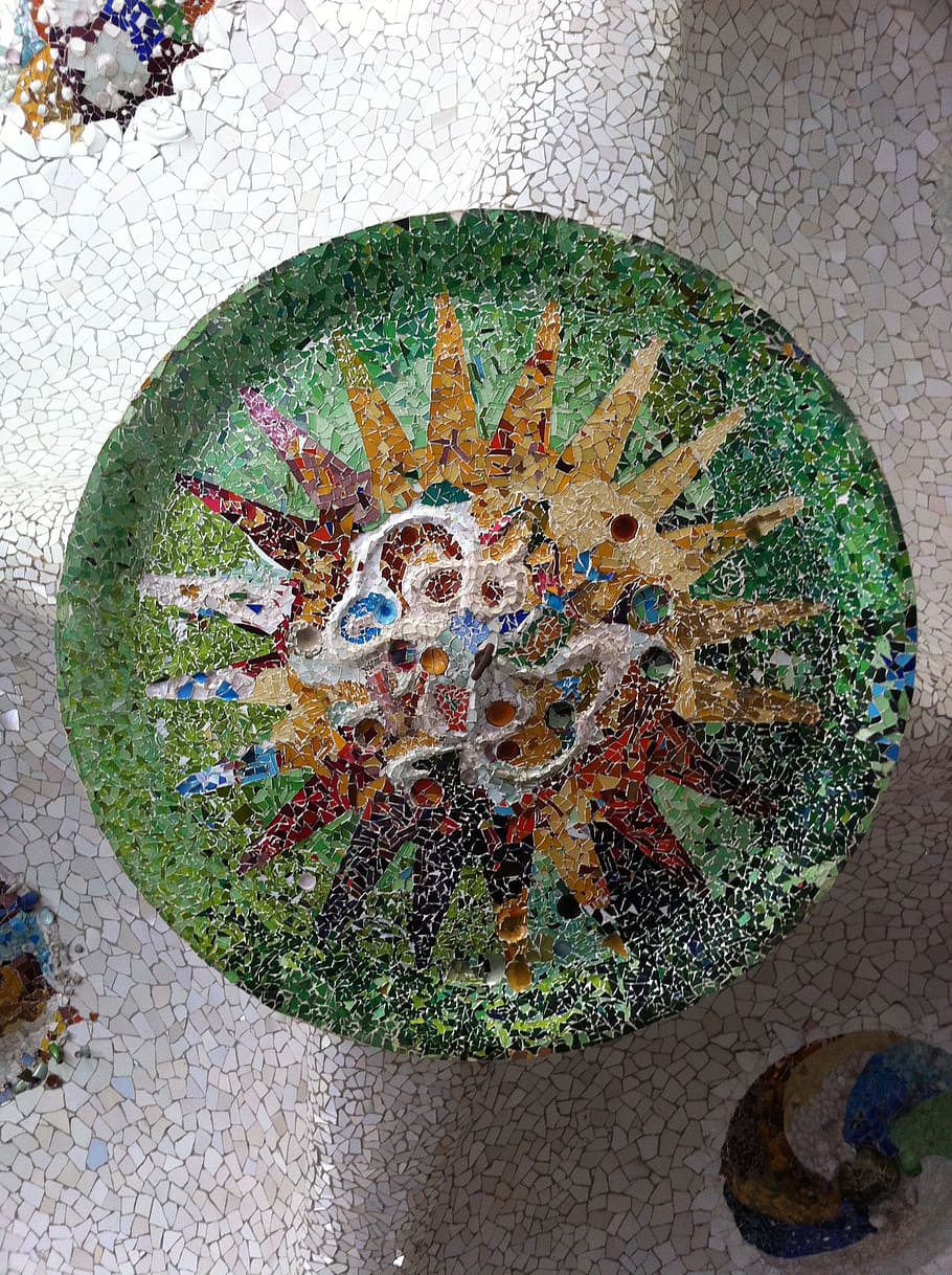 mosaico, gaudí, barcelona, ​​jardín gaudí, multicolor, forma, patrón, forma geométrica, círculo, primer plano