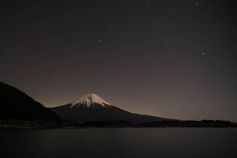 photography, mountain, body, water, nighttime, lake tanuki, shizuoka prefecture, japan, world heritage site, night view
