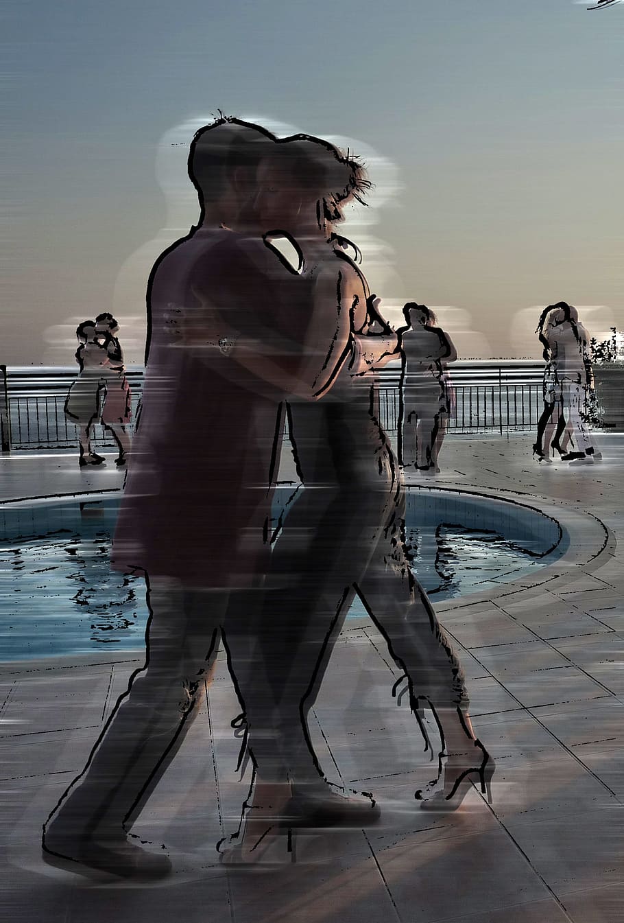 mujer, hombre bailando, al lado, piscina, tango argentino, pareja, movimiento, música, baile, humano