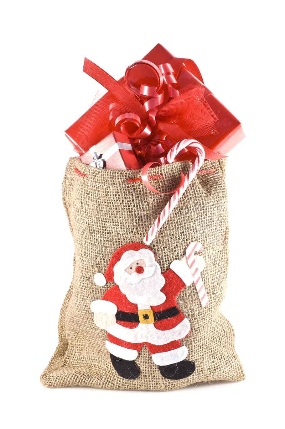 brown, drawstring pouch, red, gift box, christmas kids gifts old, pascuero, santa claus, studio shot, white background, holiday