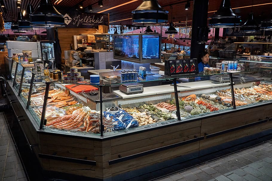 fish counter, music, sale, market, business, supermarket, commercial, fish hall, mountains, norway