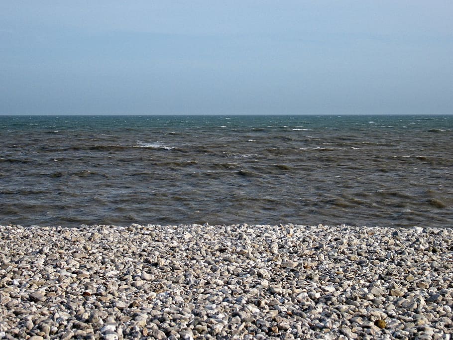 Beach, Shore, Pebbles, Layers, three, tricolour, tricolor, strata, blue, coast