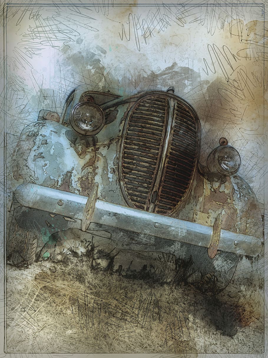 classic, gray, car painting, old timer, automobile, rusty, car, transportation, vintage, antique