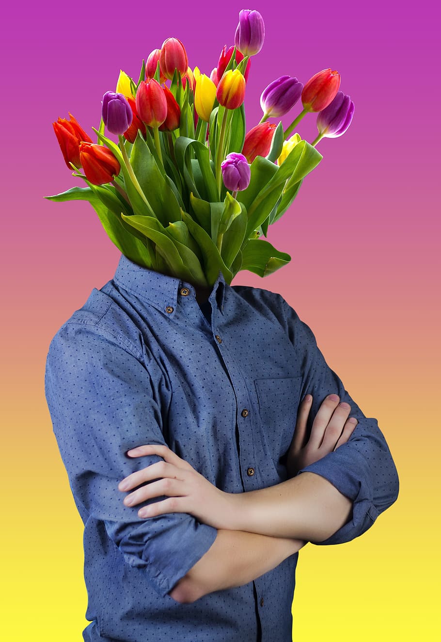 man, wearing, blue, dress shirt, tulips flower bouquet head, bouquet, gift, valentine's day, spring, decorative