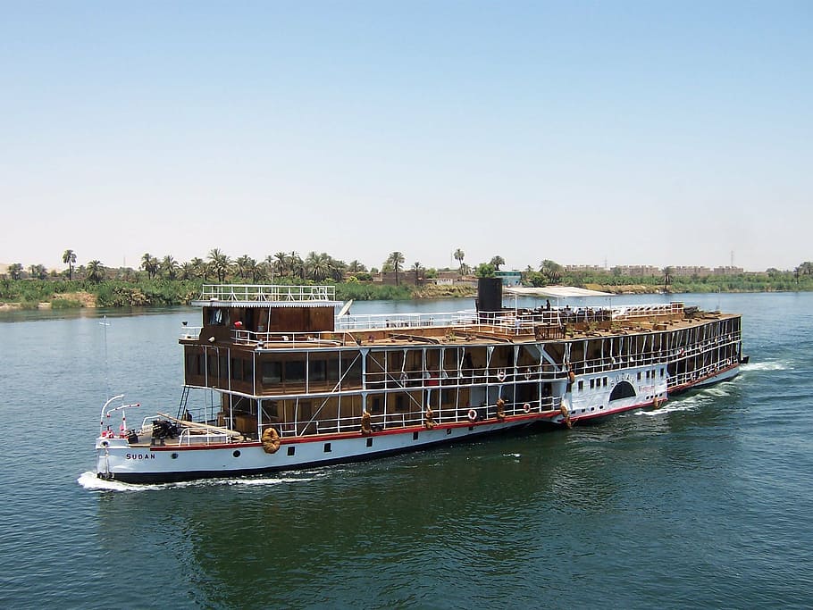 white, brown, cruise ship, traveling, body, water, nile, egypt, river, nature