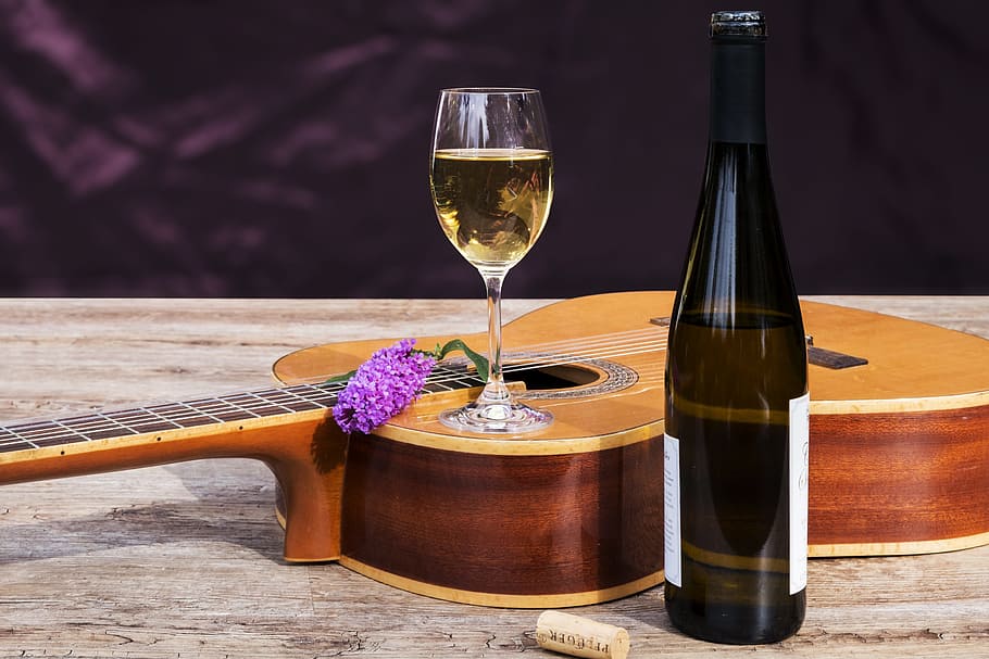 wine bottle, glass, filled, guitar, wine, drink, alcohol, wine glass, bottle, white wine