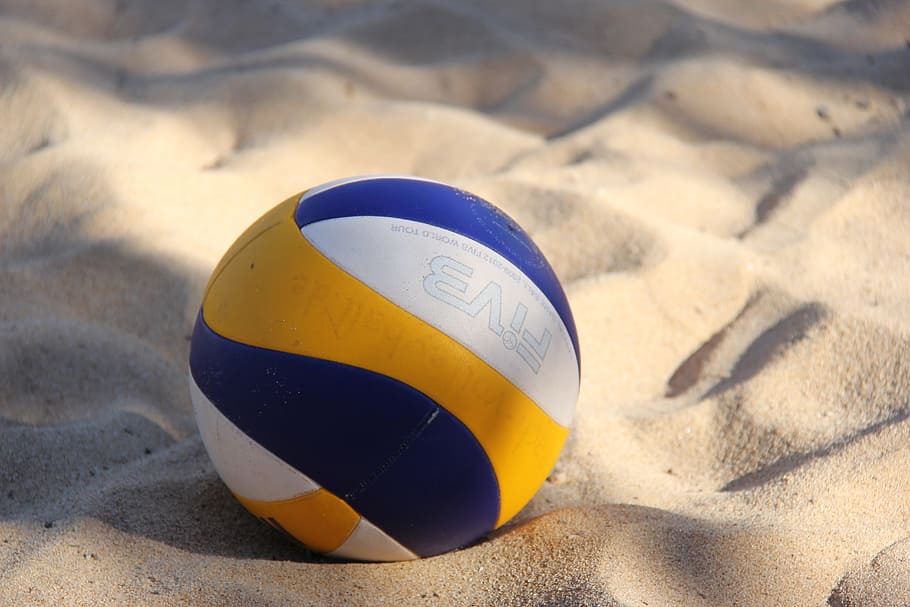 close-up photo, yellow, white, blue, volleyball ball, volleyball, sport, team sport, ball sports, volley