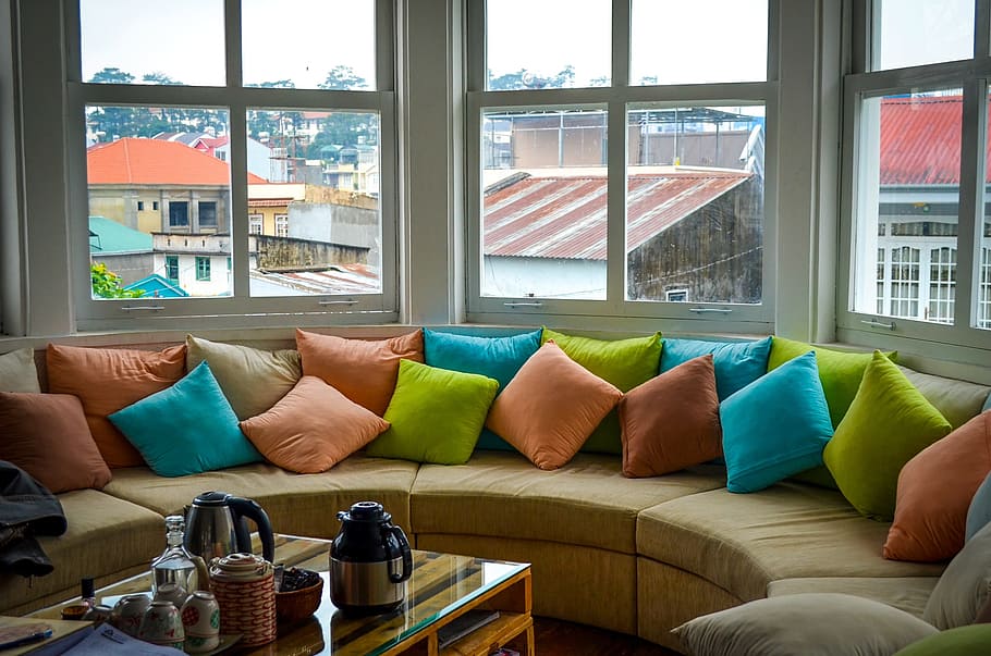 brown, fabric corner sofa, throw, pillows, fabric, corner, sofa, colorful, windows, window