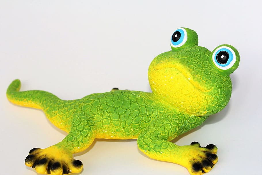 Gecko, amarillo, verde, animal, figura, divertido, lindo, rana, anfibio, color verde