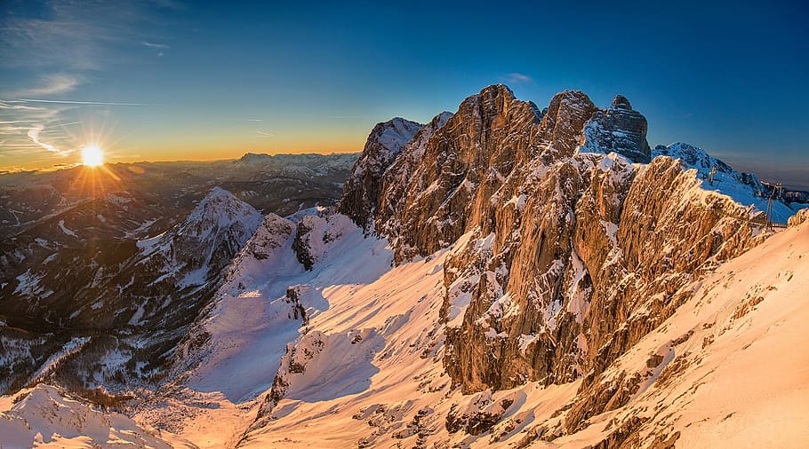 snow-capped mountain range, dachstein, austria, golden hour, alpine, mountains, landscape, nature, rock, summit