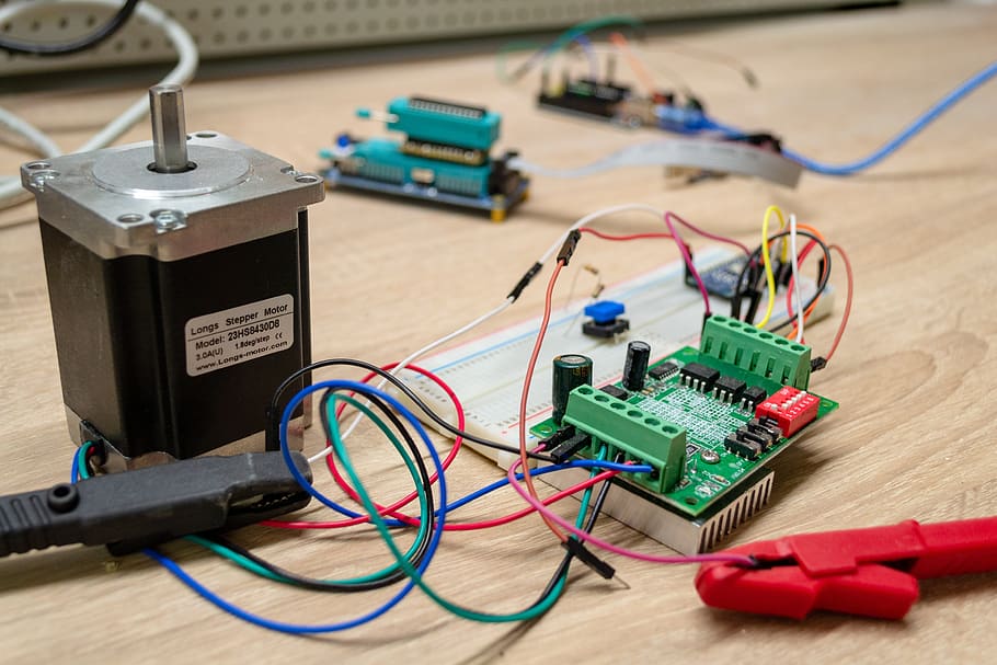 electronics, stepper motor, electrical engineering, technology, current, board, microprocessor, cable, connection, electricity