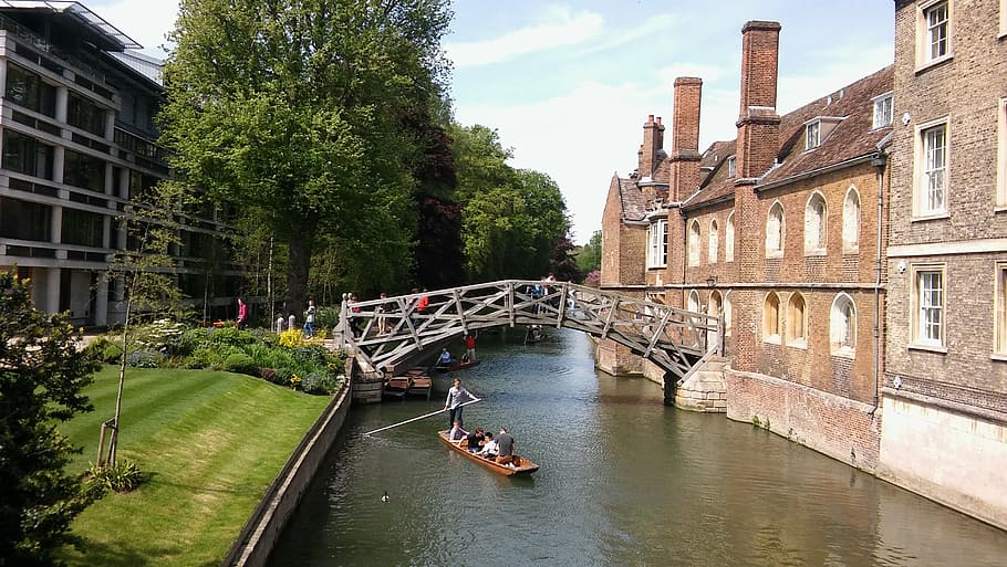 three, people, boat, water, houses, cambridge, uk, architecture, mathematical bridge, punting