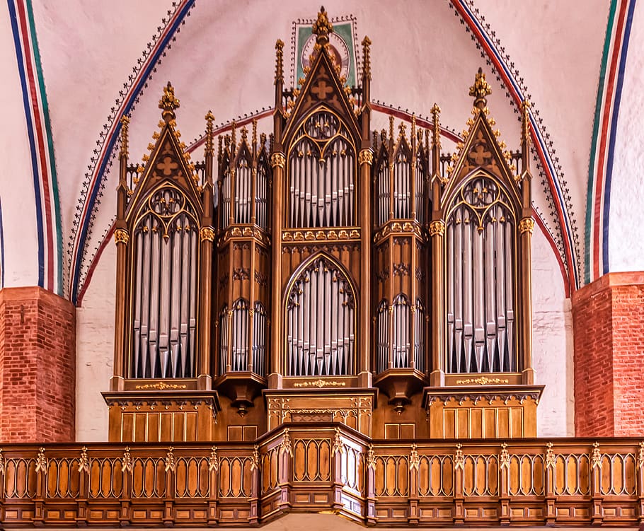st mary's church, organ, greifswald, wood, metal, organ whistle, church, architecture, building, historically