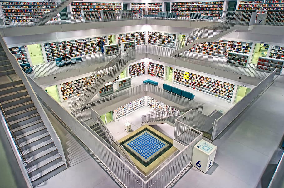 white building interior, stuttgart, city library, milanese space, modern, architecture, building, inside, yu architects, multi-level