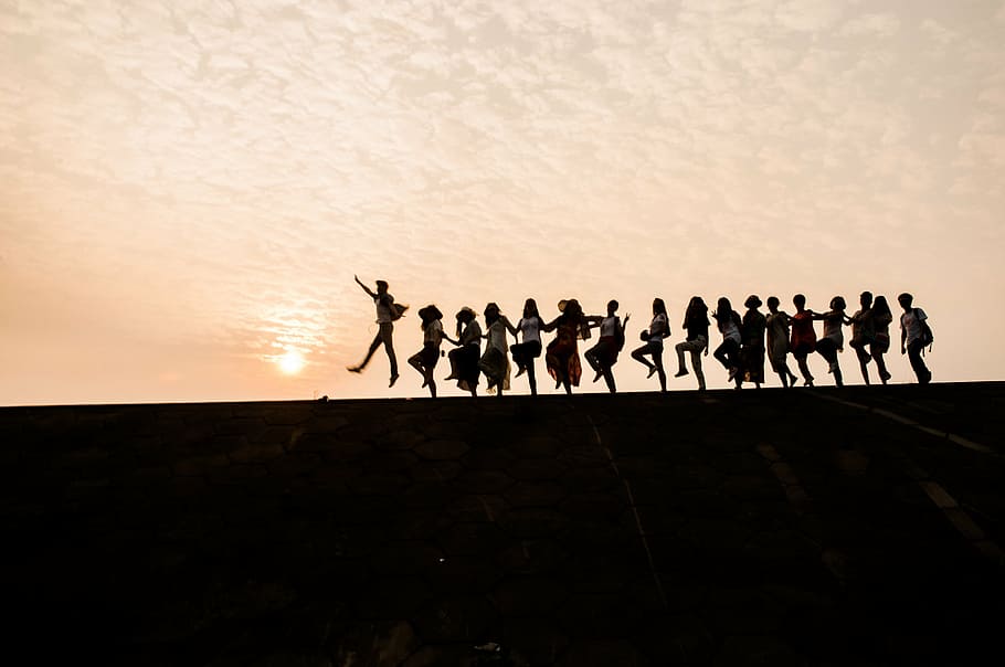 group, people, line, sunset, silhouette, party, youth, group Of People, men, back Lit