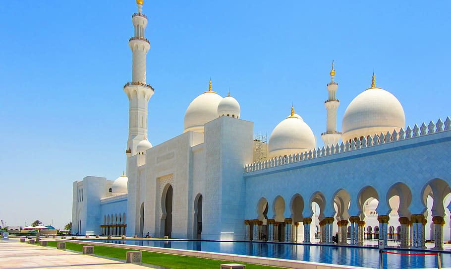 mesquita branca, mesquita, grande mesquita, emirados árabes unidos, islã, construção, arquitetura, locais de interesse, árabe, arábia