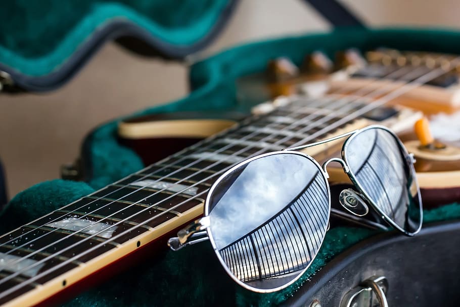 gray, framed, aviator-style sunglasses, brown, guitar, aviator, sunglasses, fashion, sand, music