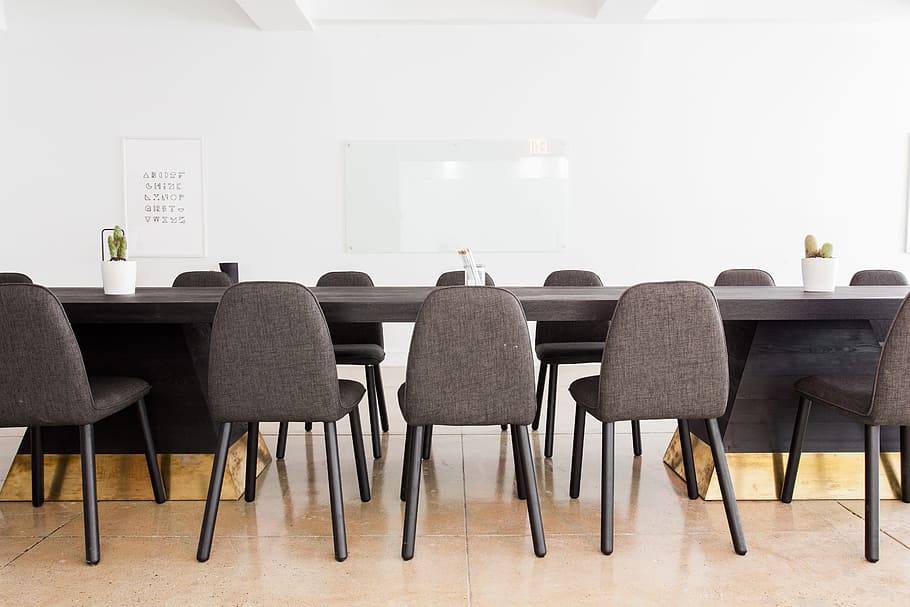 black, armless chairs, facing, wooden, conference table, chairs, empty, indoors, office, pot plants