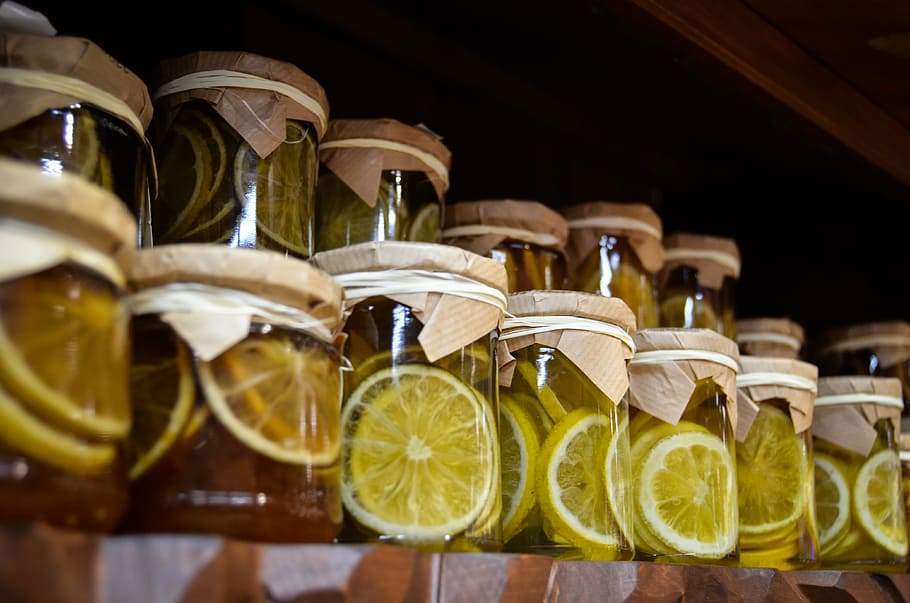 rodajas, limón, dentro, claro, frascos de vidrio, preparaciones, frascos, mermelada, alimentos naturales, alimentación