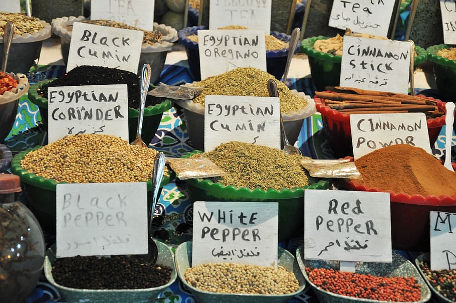 Egito, Especiarias, Souks, Barracas, Mercearia, comerciantes, cores, canela, pimenta, curry