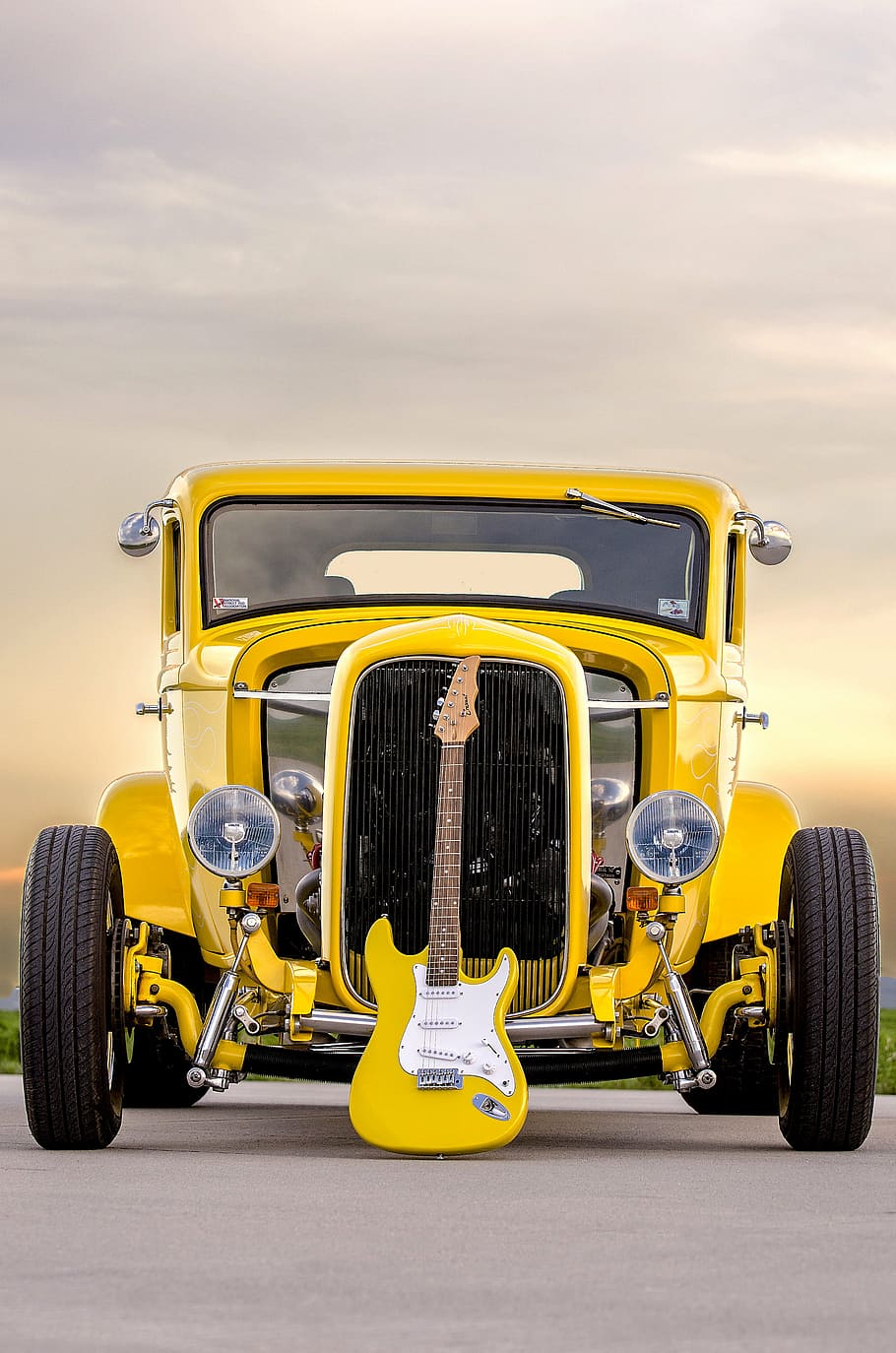 kuning, hotrod, listrik, gitar, depan, mobil klasik, gitar listrik, mobil otot, mobil tua, kenari kuning