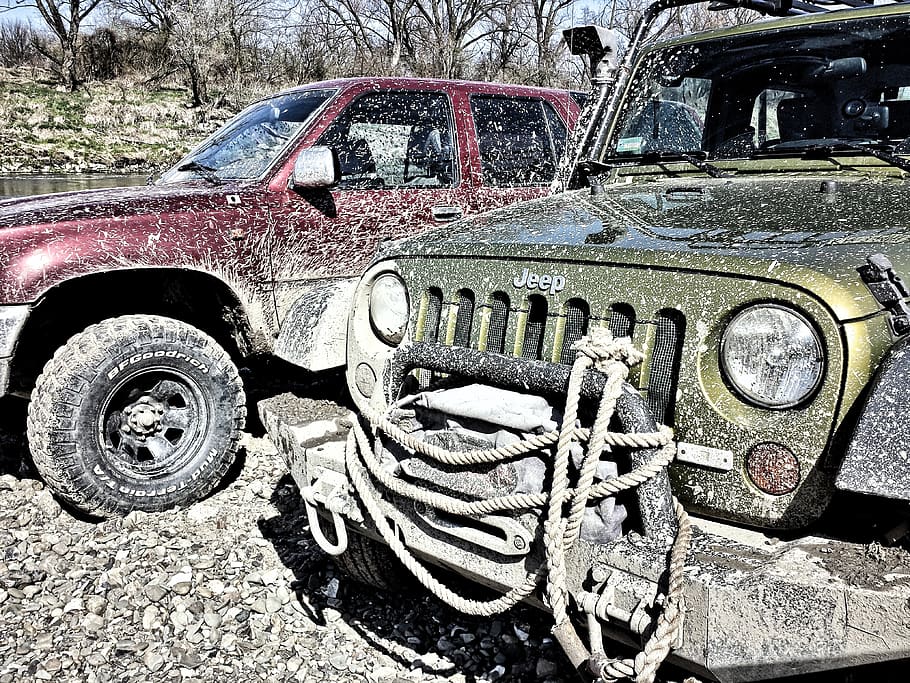 jeep, off road, mud, 4 x 4, jeep wrangler, toyota, tire, rope, bumper, car