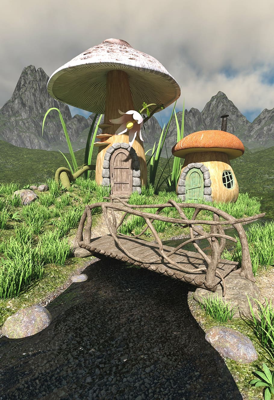 orange, white, mushroom houses animation, mushrooms, mountains, bach, landscape, fairy tales, plant, clouds