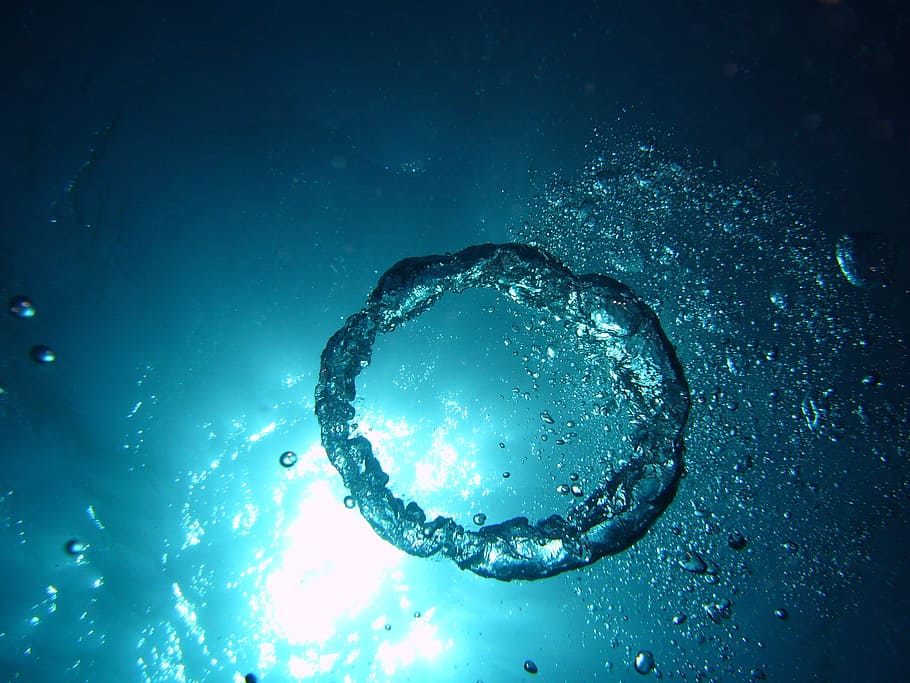 foto, gelembung air, menyelam, udara, oksigen, kringel, cincin udara, bawah air, air, laut