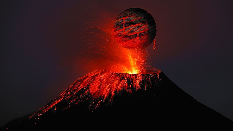 planet, erupting, volcano illustration, volcano, lava, rash, science fiction, roche, volcanism, geology