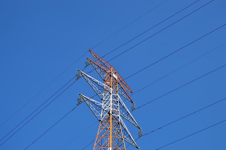 langit, garis depan, menara transmisi daya, listrik, tiang telepon, tiang, langit biru, teknologi, kabel, koneksi