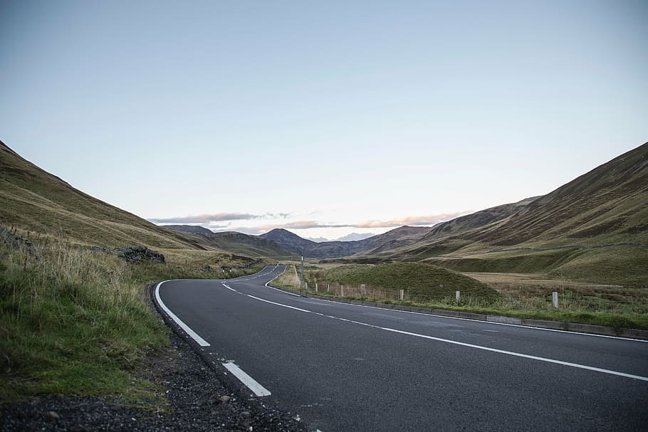 black, concrete, road, green, brown, hills, clear, blue, sky, highway
