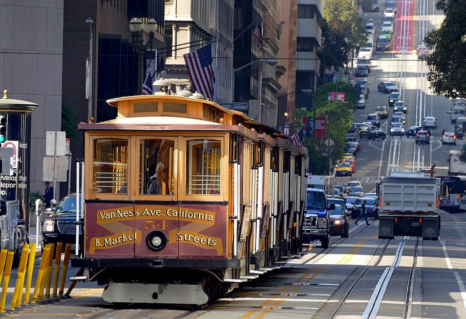San Francisco Cable Car, trem, kendaraan, siang hari, transportasi, moda transportasi, kota, kereta gantung, angkutan umum, kendaraan darat