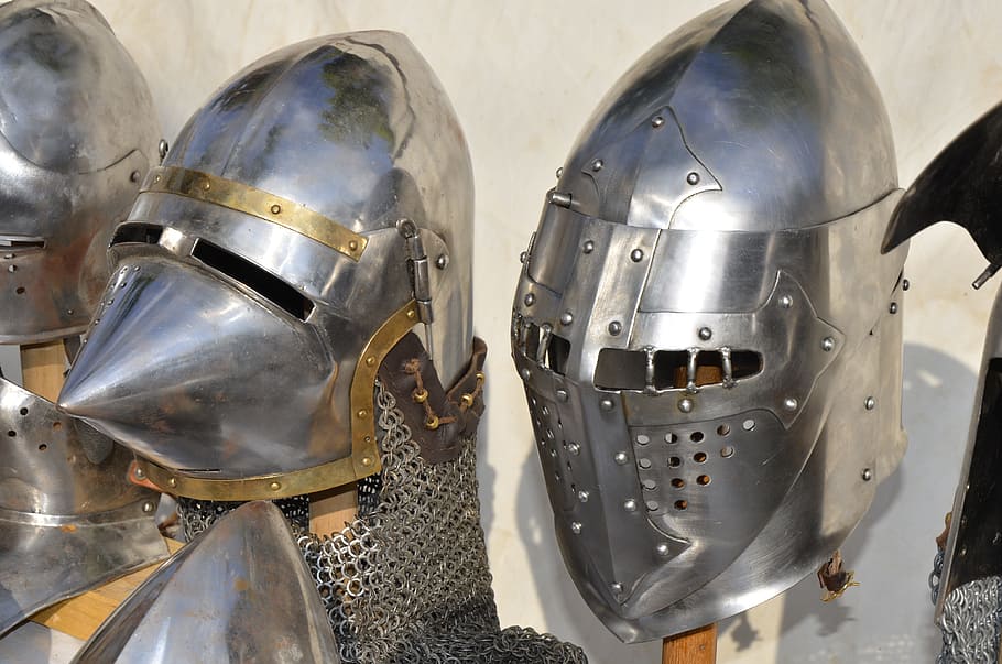 abad pertengahan, helm, perang abad pertengahan, usia pertengahan, logam, ksatria - orang, pelindung kepala, keamanan, setelan baju besi, di dalam ruangan