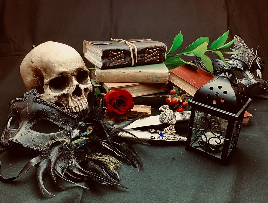 memento, mori, skull, book, death, still, life, mask, mortality, gloomy